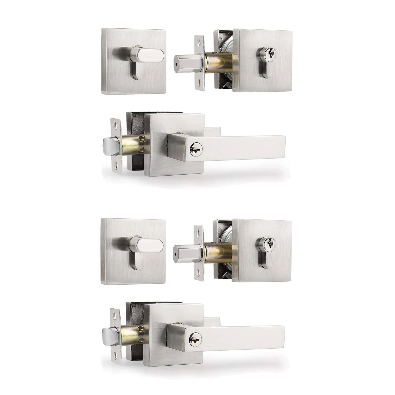 Knobonly 2 Sets Front Door Entry Lever Lockset and Single Cylinder Deadbolt Combination Set in Satin Nickel, Keyed Alike Combo, Residential Exterior