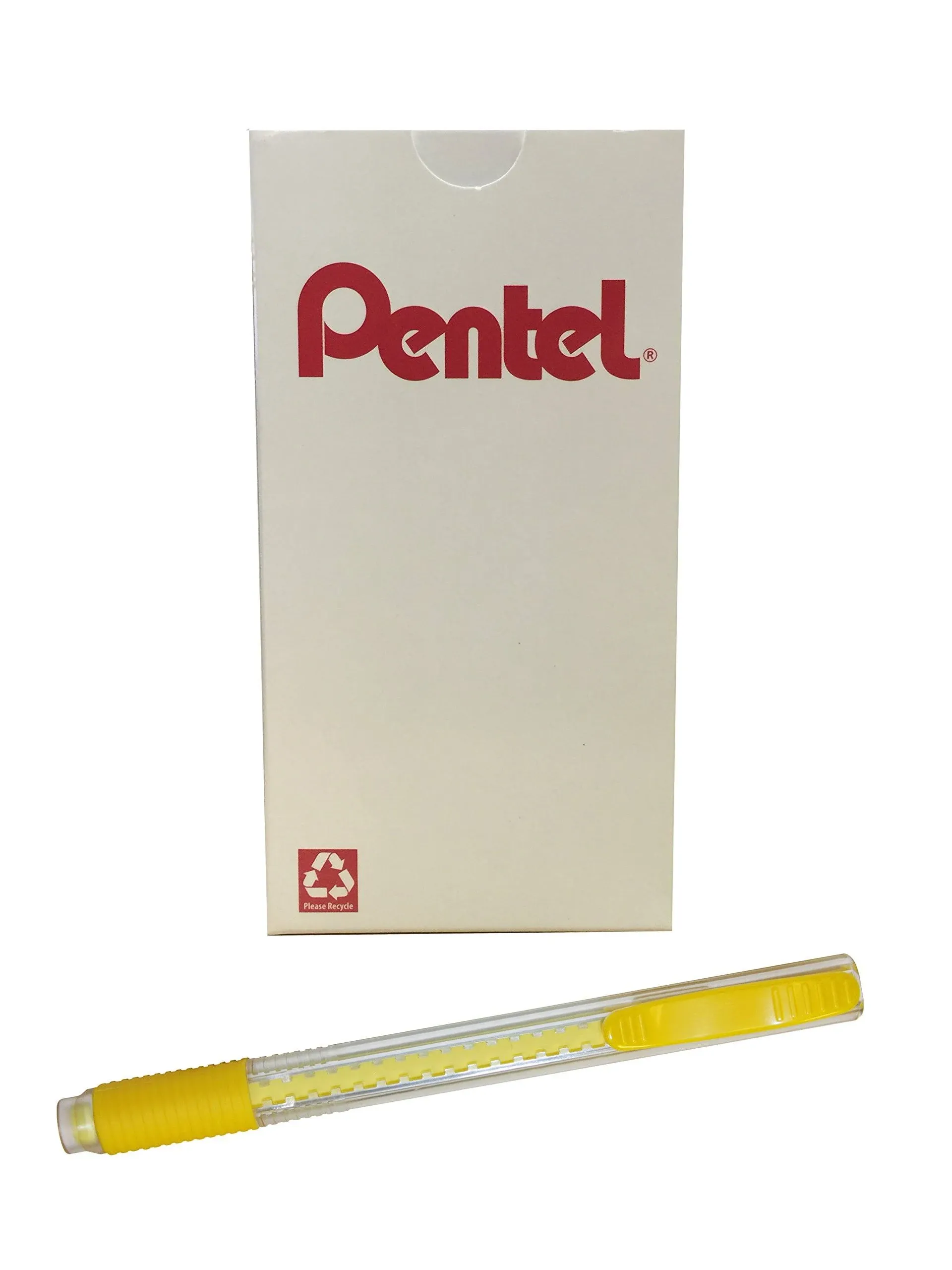 Pentel Clic Colors Retractable Eraser with Grip, Banana Yellow Barrel, Box of 12