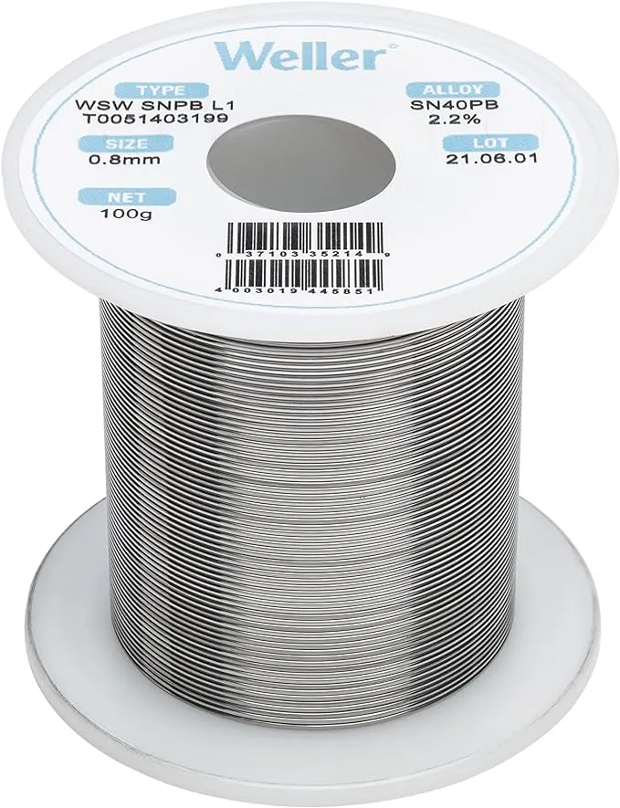 Weller WSW SnPb (T0051403199) Solder Wire, Dia: 0.8 mm / 0.039 in, Wt: 100 g / 3.527 oz, Alloy Sn60Pb40, Flux content 2.2%