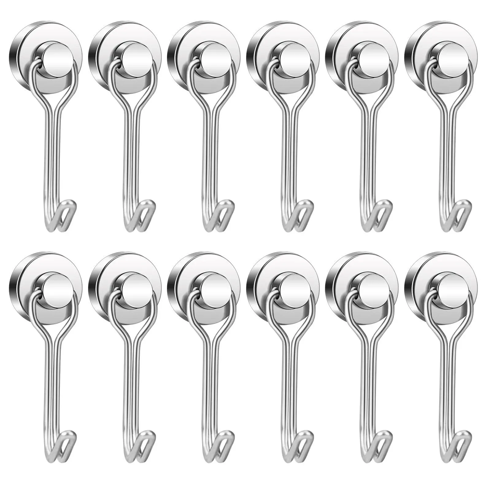 12Pcs Silver Swivel Swing Magnetic Hooks 30Lbs for Refrigerator Grill Key Holder