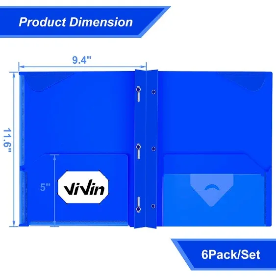 Vivin Heavyweight Plastic Folders with Pockets and Prongs Two Pockets Clear Front Pocket & Stay-Put Tabs