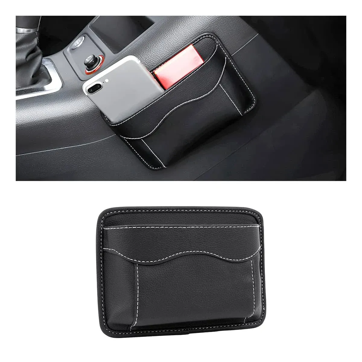 Car Seat Side Pocket Organizer, PU Leather Mini Storage Bag for Auto Door Window Console, Pen Phone Holder Tray Pouch Vehicle Seat Gap Filler for Organize Document, Registration, Notepad (Black)