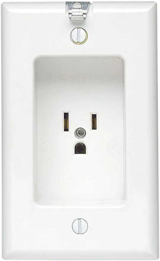Leviton 688-W 15 Amp/125V 1 Gang Recessed Single Receptacle, Residential Grade, with Clock Hanger Hook, White