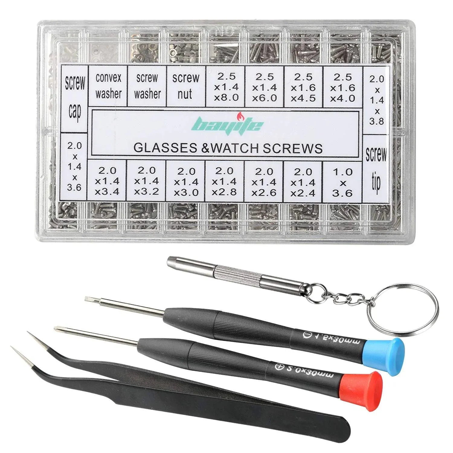 bayite Eyeglass Repair Kit Sunglass Glasses Repair Kit with Screws Assorted Tweezers Screwdriver Nuts Stainless Steel Screws Tool for Watch 1000Pcs