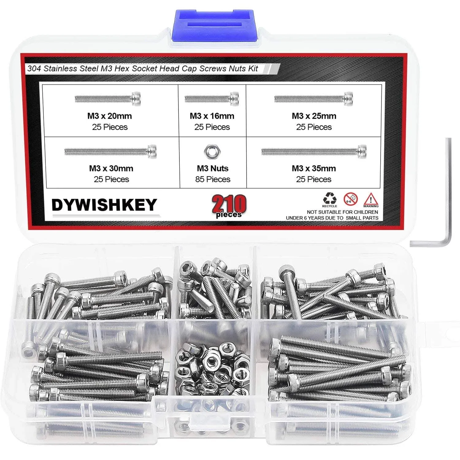 DYWISHKEY 210 Pieces M3 x 16mm/20mm/25mm/30mm/35mm Stainless Steel 304 Hex Socket Head Cap Bolts Screws and Nuts Kit