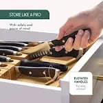 High-Grade 100% Bamboo Knife Drawer Organizer - 16 Knife Slots Plus a Sharpener Slot, Knife Organizer for Kitchen Organization, Durable, Secured, Practical, Eco-Friendly, Knife Block without Knives.