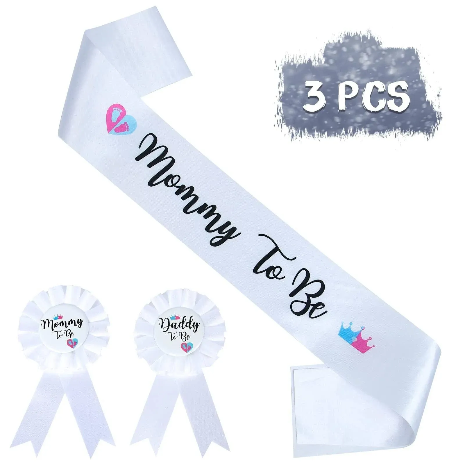 HAPPYLAND Gender Reveal Decorations Sash and Tinplate Badge Mommy to Be and Daddy to Be Baby Shower