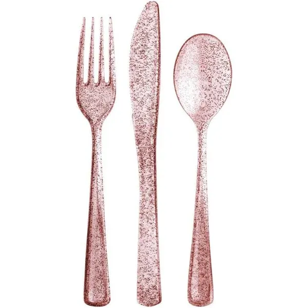 Lillian Collection Plastic Cutlery Combo Box | Rose Gold Glitter | Pack of 48