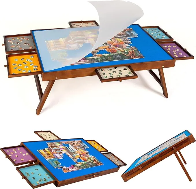 Jigsaw Puzzle Table with Foldaway Legs & Tilting Stand & Cover & 6 Colorful ...