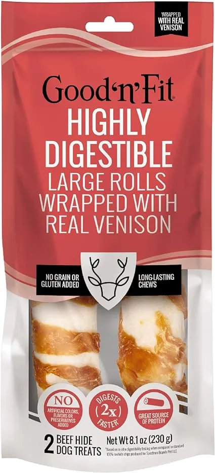 Good ‘n’ Fit Rolls Made with Real Venison, 2 Large Rolls, Treat Your Dog to a Long-Lasting and Highly Digestible Rawhide Chew