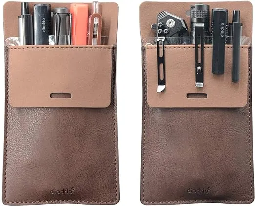 diodrio Pocket Protector, Leather Pen Pouch Holder Organizer, for Shirts Lab Coats, Hold 5 Pens, Designed to Keep Pens Inside When Bend Down. No Breaking of Pen Clip. Thick PU Leather, 2 Per Pack.