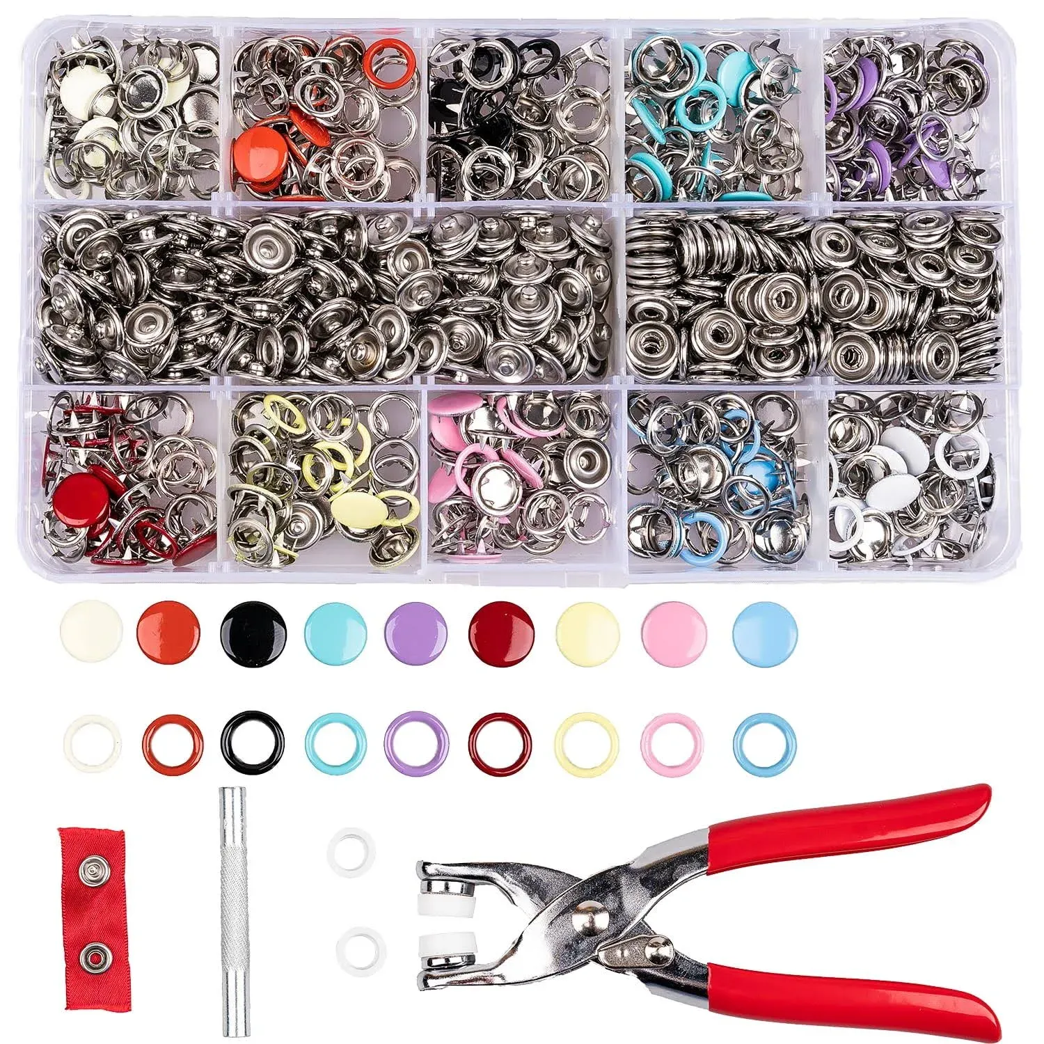 200 Sets Snap Button Kit, 9.5mm 10 Colors Snaps for Fabric, Snap Fastener Tool, Ideal for DIY Buttons for Clothes (100 Hollow and 100 Solid)