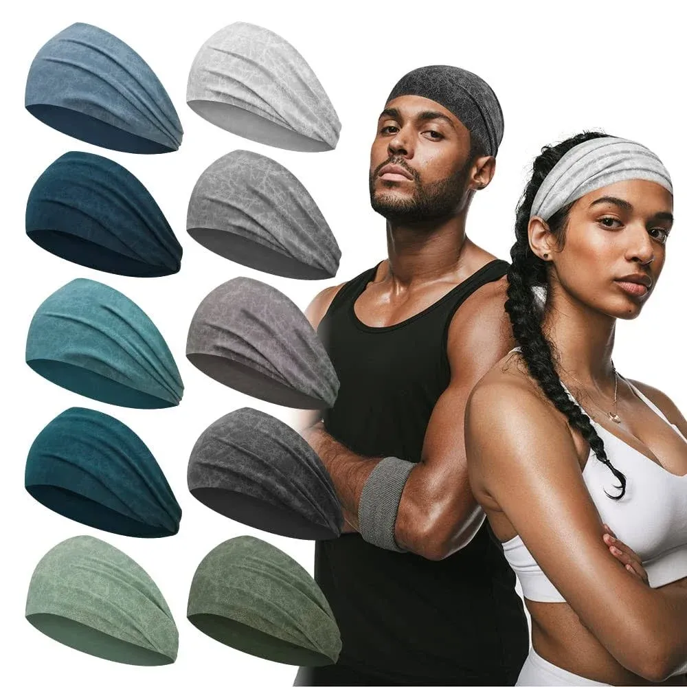 10 PCS Workout Headbands for Men and Women, Wide Sweat Bands Yoga Headbands No Slip, Mens Sports Headbands for Long Hair