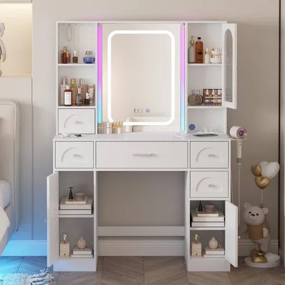 Veanerwood White Vanity Desk with Mirror, Lights, Makeup Vanity, RGB Lights, Power Strip