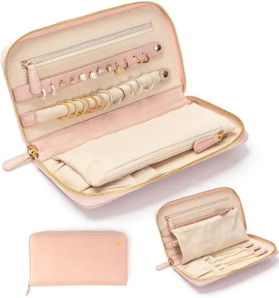 NORTH & SPRUCE Jewelry Travel Organizer Case - Thin Portable Jewelry Travel Case Foldable Roll Bag Zipper Pouch for Tangle Free Necklace, Earrings, Rings, Bracelets Storage, Pink