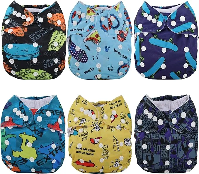 Anmababy 6 Reusable Pocket Cloth Diapers +6 Bamboo Inserts and 1 Dry/Wet Bag.