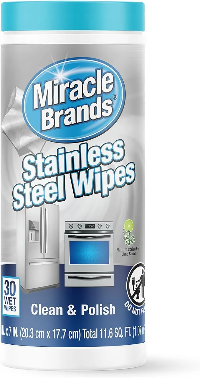 MiracleWipes for Stainless Steel, Great for Kitchen and Appliances, Including Oven, Refrigerator, Dishwasher, Microwave, Sink, Hood, Grill, Removes Fingerprints and Smudges - 30 Count