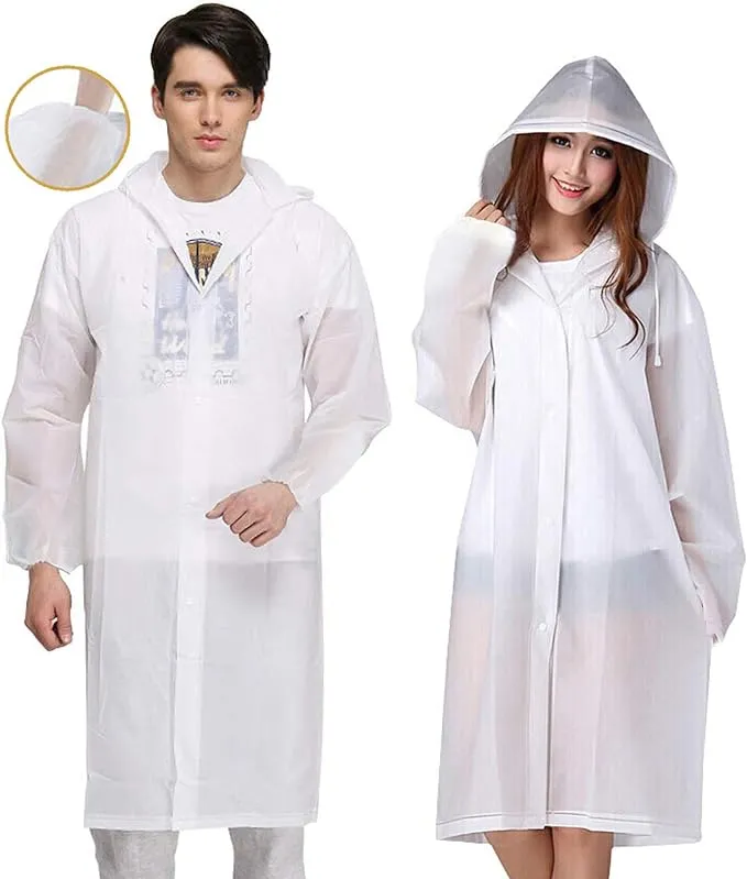 Exptolii Rain Poncho for Adults, 2 Pack Eva Reusable Raincoat Emergency Rain Gear Jacket with Hood (White)