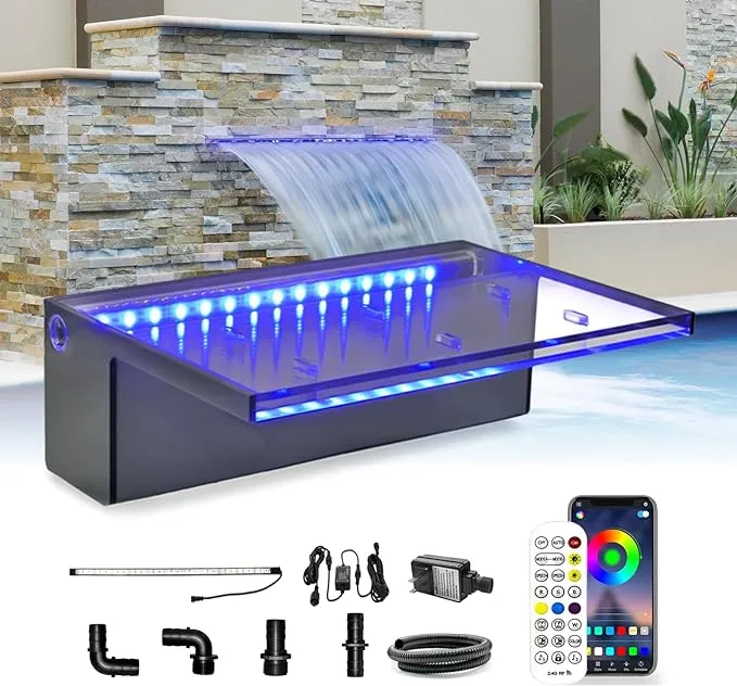 LONGRUN Waterfall Spillway APP Control Multi-Color LED Light Outdoor Pool Fountain, Acrylic Water Spillway Koi Pond Waterfalls Fountains Kit for Garden Patio Swimming Pool Decoration-11.8"