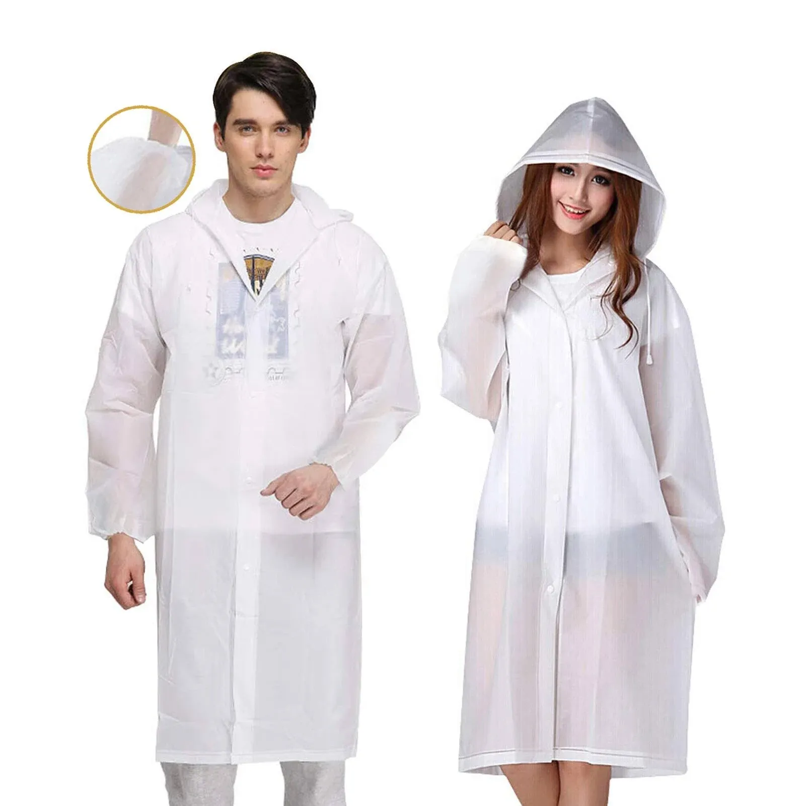 Exptolii Rain Poncho for Adults, 2 Pack Eva Reusable Raincoat Emergency Rain Gear Jacket with Hood (White)