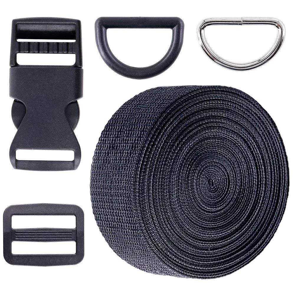 10Pack Plastic Side Release Buckles with 25mm 5Yd Black Nylon Webbing Strap