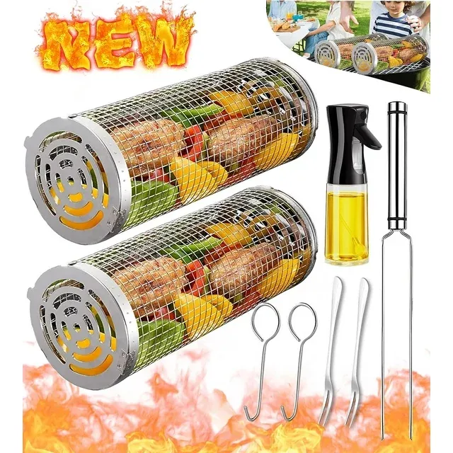 Beinhome Rolling Grilling Baskets for Outdoor Grill BBQ Net Tube Stainless Steel Large Round Mesh Rotation Barbecue Cylinder Cage Cooking Accessories for Veggies Vegetable Fish Meat Food Camping