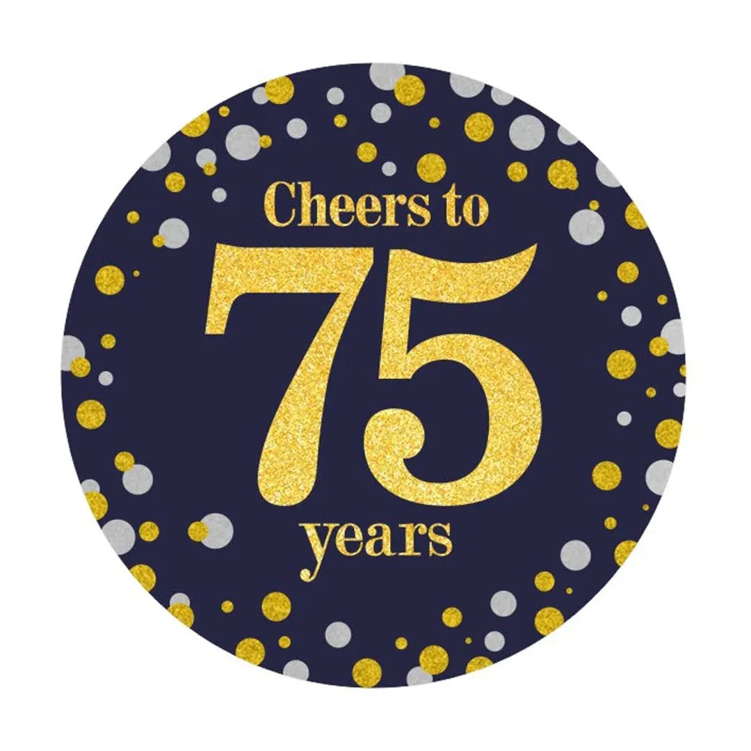 Black and Gold Cheers to 75 Years Sticker Labels - 75th Birthday Party