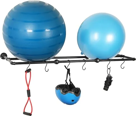 Matte Black Metal Wall Mounted Exercise Yoga Ball Storage Rack with 6 S-Hooks