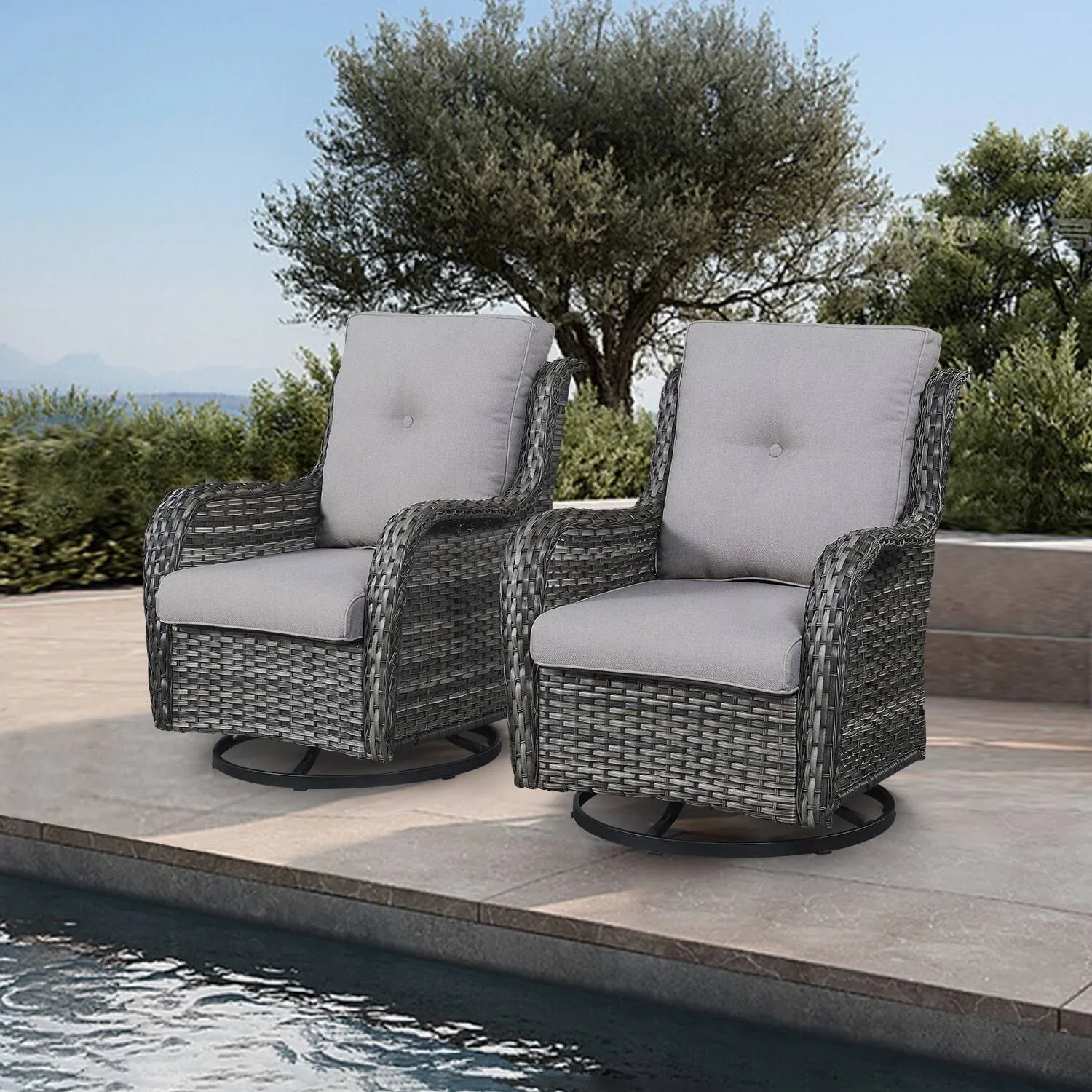 3 Piece Outdoor Wicker Swivel Rocker with Cushion & Table - Grey/Grey