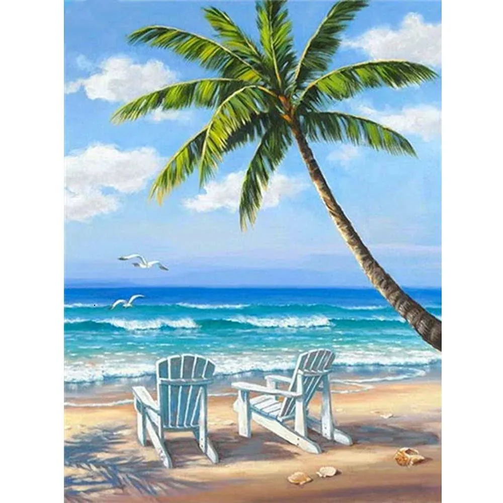 Ocean Beach 5D Diamond Art Kit – Full Round Rhinestone Painting for Adults