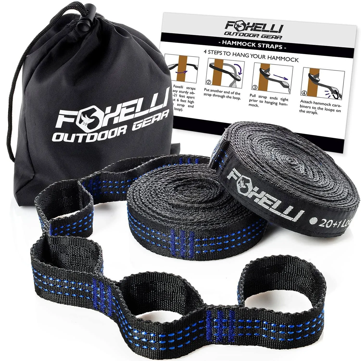 Foxelli XL Hammock Straps – Heavy-Duty 2000 LBS 40+ Loops Non-Stretch Suspension System for Camping, Garden, Travel