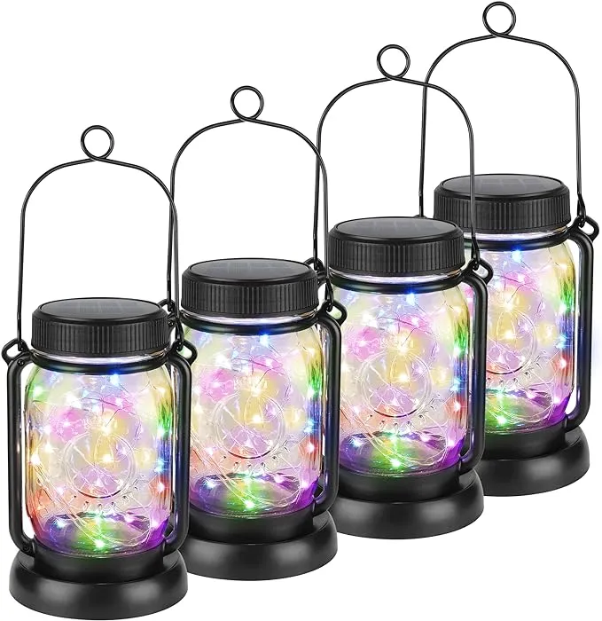 Cool White 4 Pack Solar Hanging Mason Jar Lights with Stakes, Waterproof Decorative Outdoor Solar Lantern Lamp, Vintage Glass Jar Starry Fairy Light with 30 LEDs for Patio Garden Tree Yard