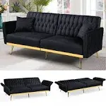 70” Velvet Futon Sofa Bed with 2 Pillows and Adjustable Armrests, Convertible Sleeper Bed, Modern Loveseat for Living Room, Bedroom, Black