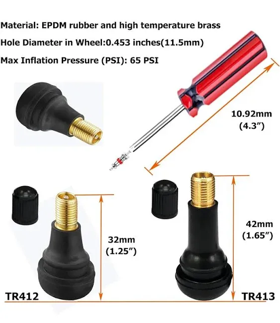 Dr.Roc Tire Valve Stem Puller Tools Set –1 x Valve Stem Installer, 10 x Brass and Ozone Resistant EPDM Snap-in Tire Valve Stem with Valve Cores (6 x TR412,4 x TR413), 1 x Valve Core Remover