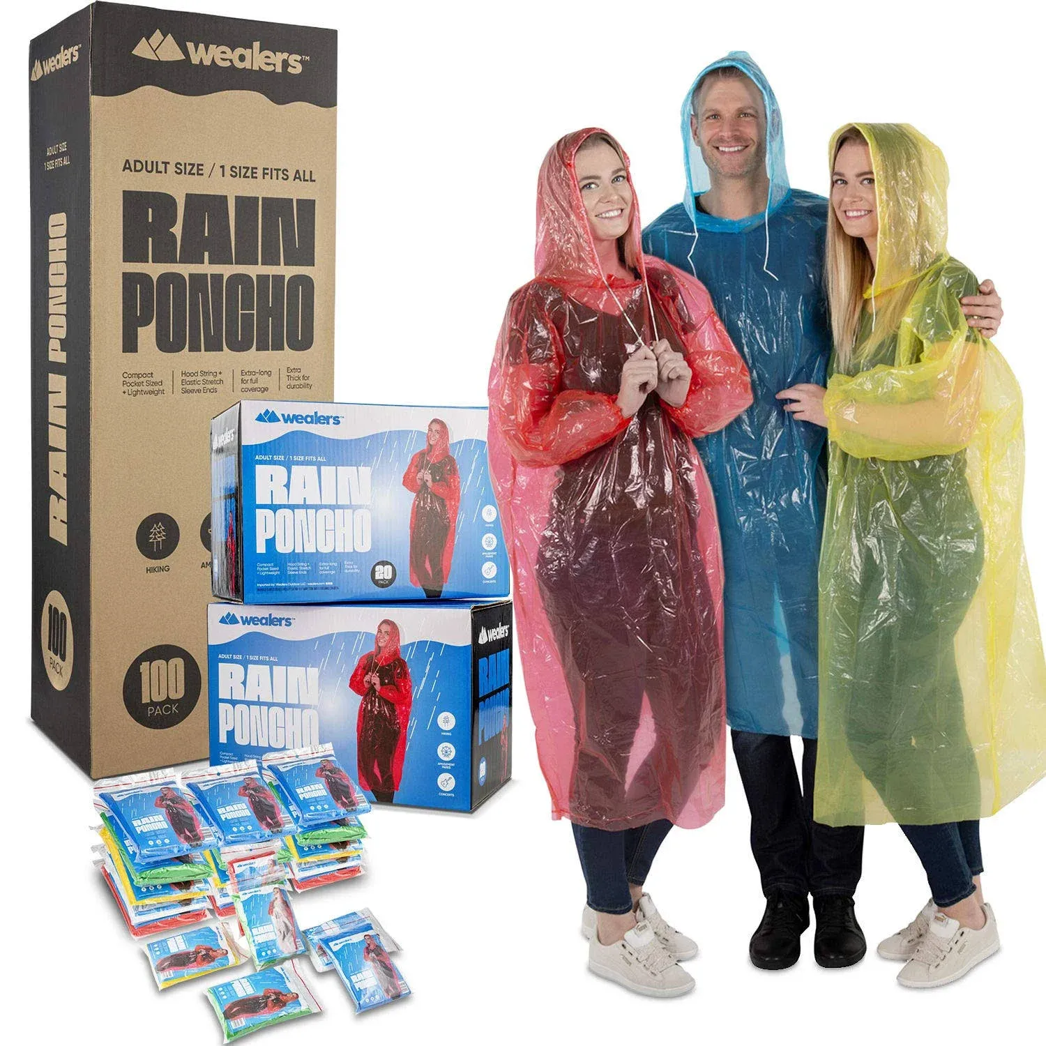 Wealers Rain Poncho Bulk Pack Disposable Ponchos Adults Emergency Raincoat Hood ...