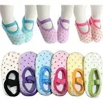 6 Pairs Toddler Girl Anti Slip Mary Jane Socks Baby Girl Gift No Skid Ballet Socks with Strap No Show Crew Socks for 12-30 Months Walker