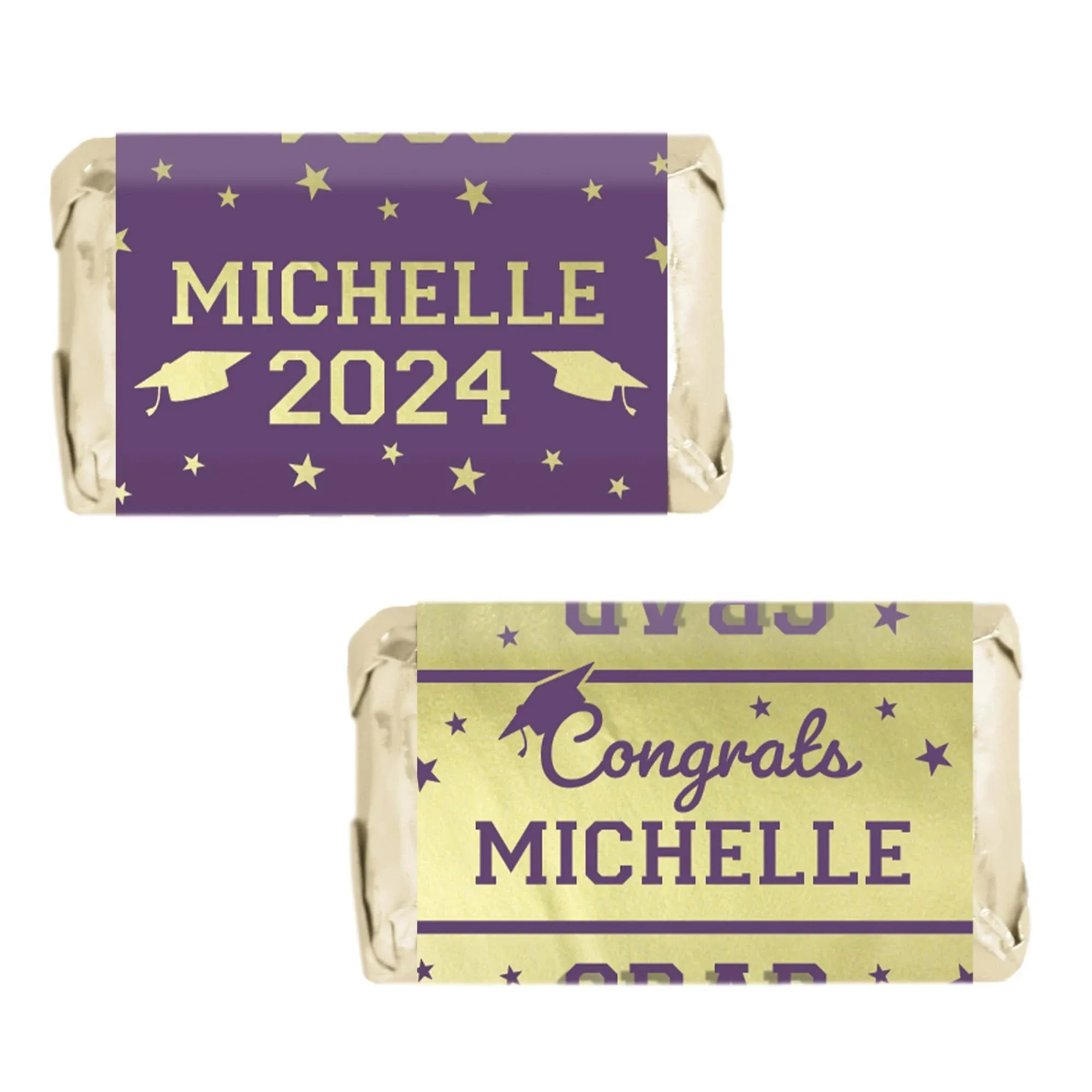 Distinctivs Personalized Purple and Gold Graduation Mini Candy Bar Wrappers, Class of 2024 Party Favor Stickers for Mini Chocolate Bars - 45 Count