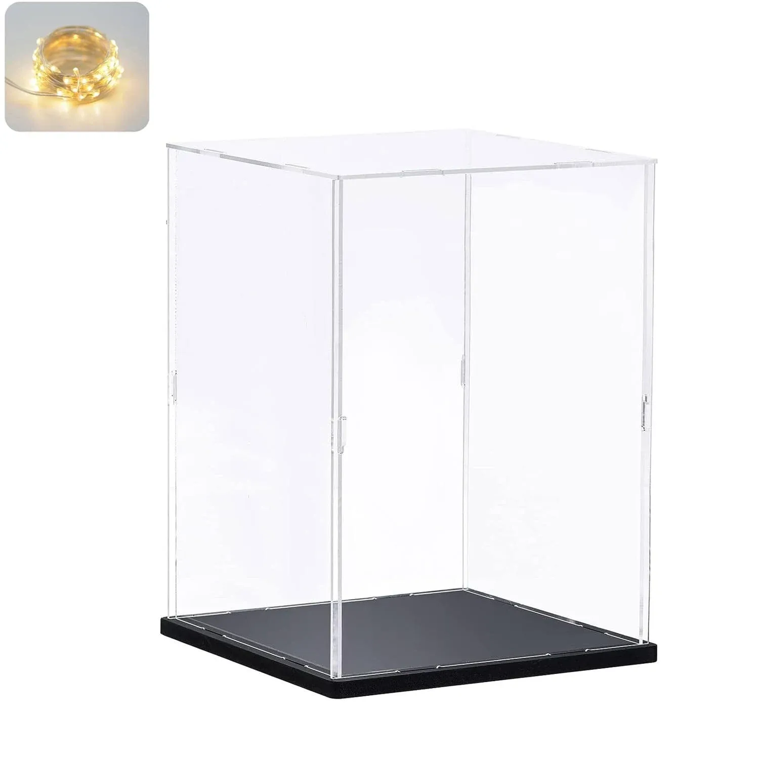 Thickened Clear Acrylic Display Case with Wood-Plastic Base for Lego 43230 75398 76989 21349 Figures Transparent Box Organizer Protection, Black Inside 9.8x9.8x15.7 inch