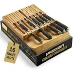 High-Grade 100% Bamboo Knife Drawer Organizer with 16 Knife Slots Plus a Sharpener Slot