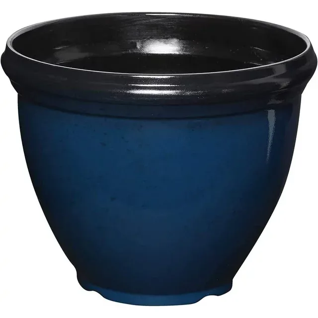 Southern Patio 12 Inch Heritage Round Outdoor Patio Porch Resin Plastic Lightweight Planter Pot w/ Glossy Finish, Monaco Blue