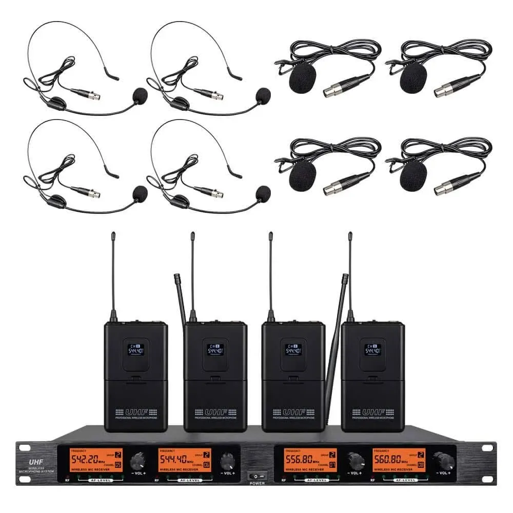 wenwen Frequency B Wireless Microphone System 4 Channel 4 Lavalier 4 Bodypacks 4 Lapel Mic 4 Headsets UHF for Karaoke System Church Speaking Conference Meeting Classroom Wedding Party Meeting School