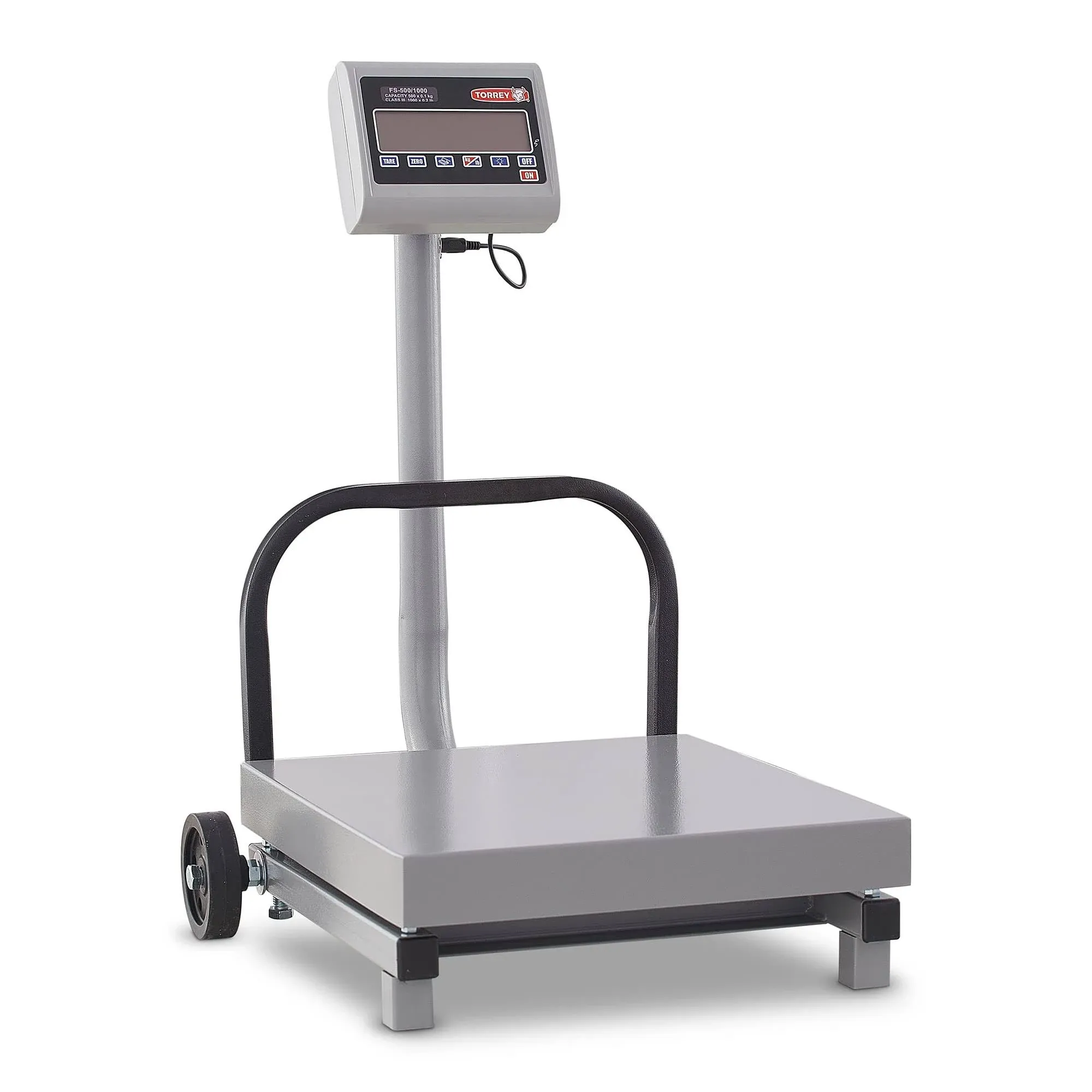 1000 LBS X 0.1 LBS - 500 KG X 0.05 KG STEEL CONSTRUCTION, LARGE LCD DISPLAY WITH BACKLIGHT, TOGGLES BETWEEN KILOGRAMS AND POUNDS, 100 HOUR RECHARGEABLE BATTERY, TARE FUNCTION.