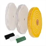 POWERTEC 71631 6 Inch Bench Grinder Buffing Wheel Kit w/ 3pcs Polishing Compound Set Including Black, White, Green Bars and Treated Yellow (40 Ply)