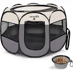 SereneLife On-The-Go Foldable Portable Pet Tent 8-Panel Playpen for Dog & Cat w/Food/Water Bowl, Mesh Exercise Puppy Playground, Pet House Indoor & Outdoor, Travel & Camping Pet Kennel (Grey, Medium)