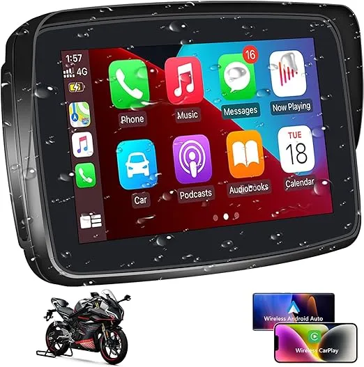 SANPTENT Portable Carplay Screen for Motorcycle, Wireless Apple CarPlay & Android Auto, 5-Inch IP67 Waterproof GPS Navigation, Voice Control, 5G Dual Bluetooth, TF Input