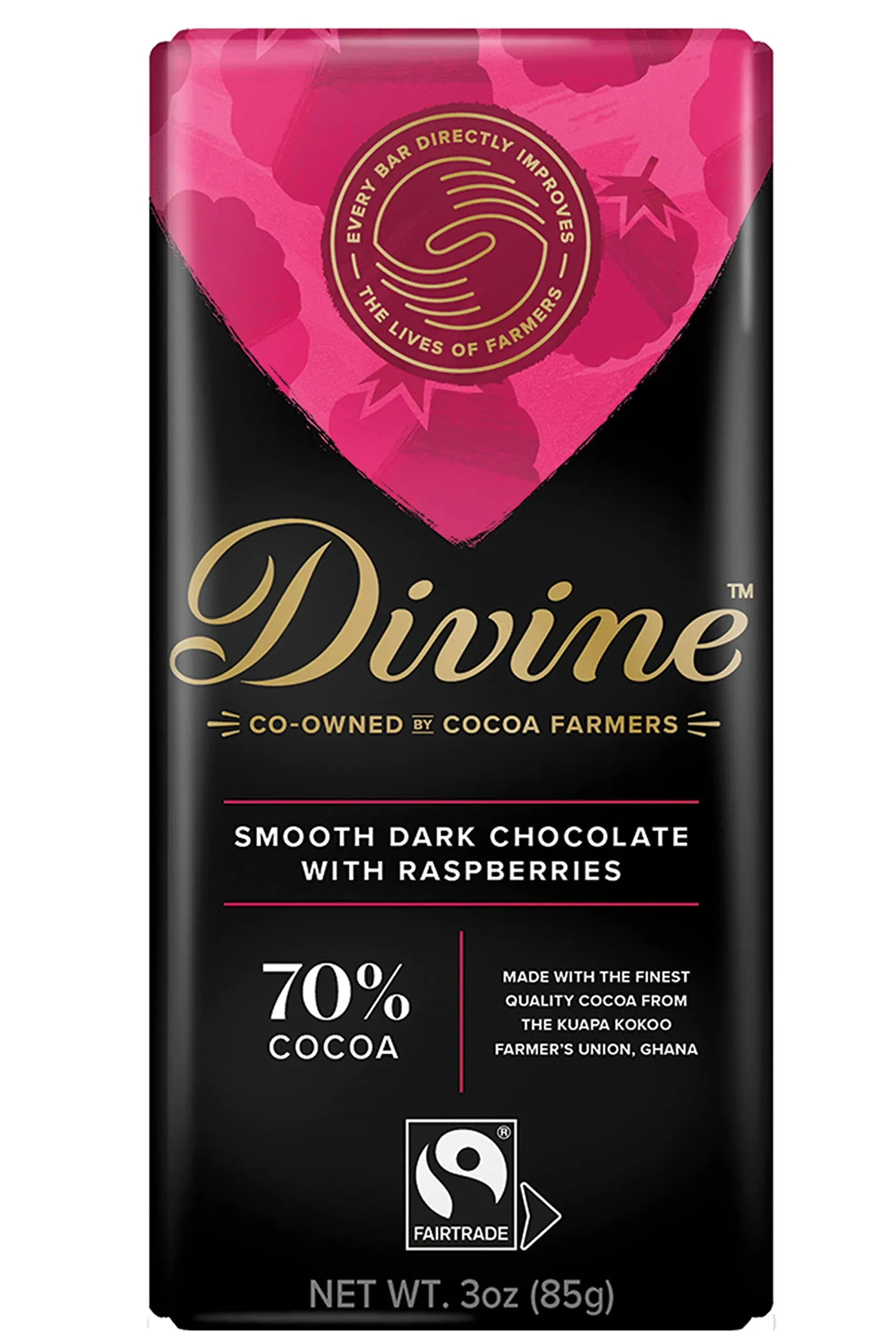 Divine Chocolate Dark with Raspberries Chocolate Bar, 3 oz