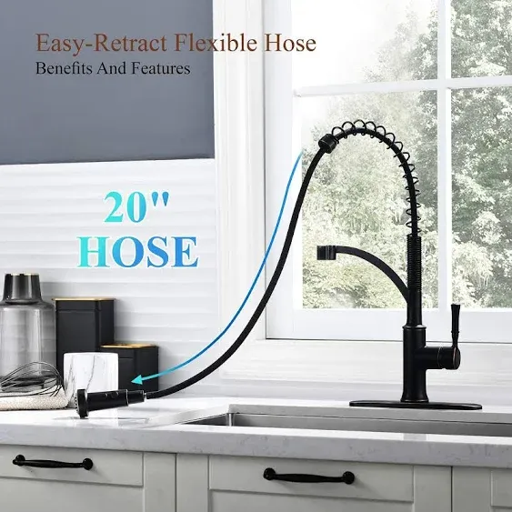 Bronze Kitchen Faucet with Pull Down Sprayer, Oil Rubbed Bronze Single Handle High Arc Commercial Farmhouse Kitchen Sink Faucet with Deck Plate