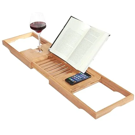 ToiletTree Products Bamboo Bathtub Caddy with Extending Sides and Adjustable Book Holder