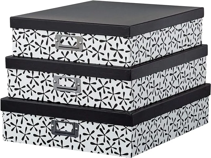 Soul & Lane Decorative Cardboard Storage Boxes with Lids for Home dcor - Set of 3: Nesting Floral Black and White Photo Storage Box, Document Box, SCR