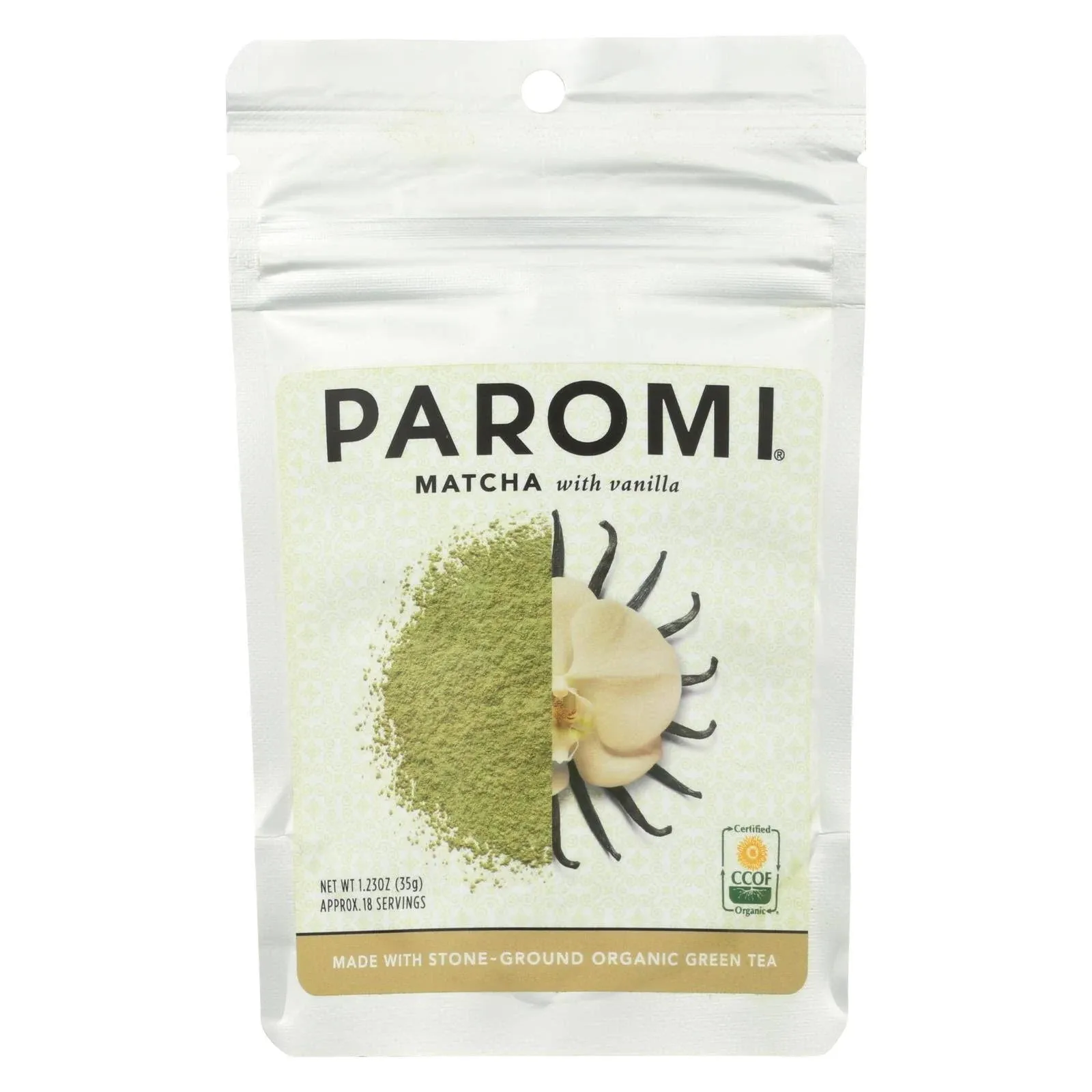 Paromi Tea Matcha With Vanilla 35 Grams, Organic Stone-Ground Organic Green Tea with Natural Vanilla Flavor, Serve Hot or Iced, Blend, Whisk, Stir, or Shake into Water or Milk